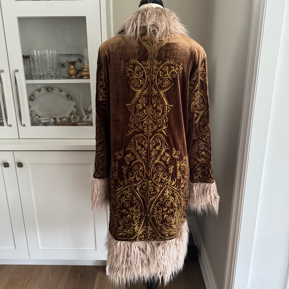 Free People Moon Glow Velvet Coat Jacket Gold Rust Fur Trim Size Large - Picture 4 of 11
